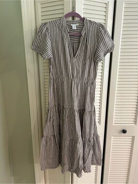 Cynthia Rowley Taupe and White Striped Tiered Maxi Dress